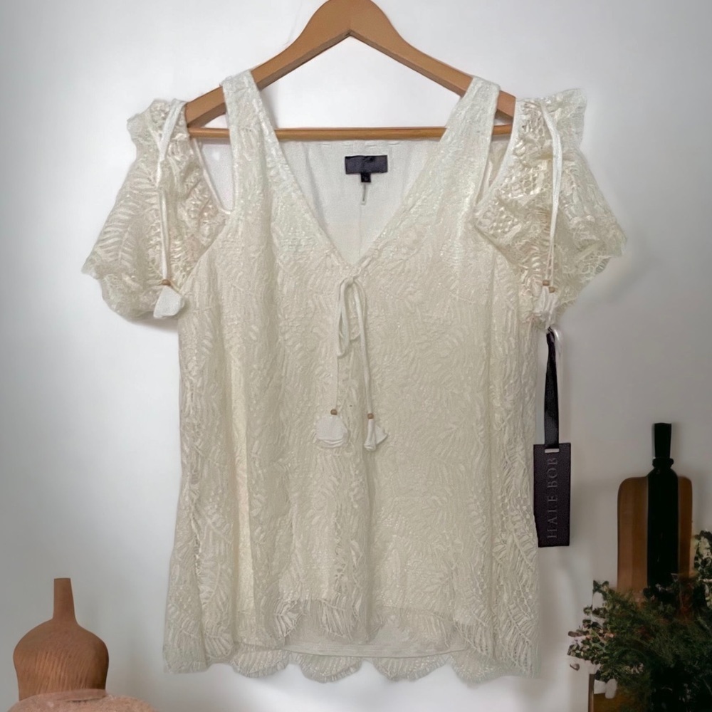 Hale Bob Cold Shoulder Lace Top Ivory L 75NF2234